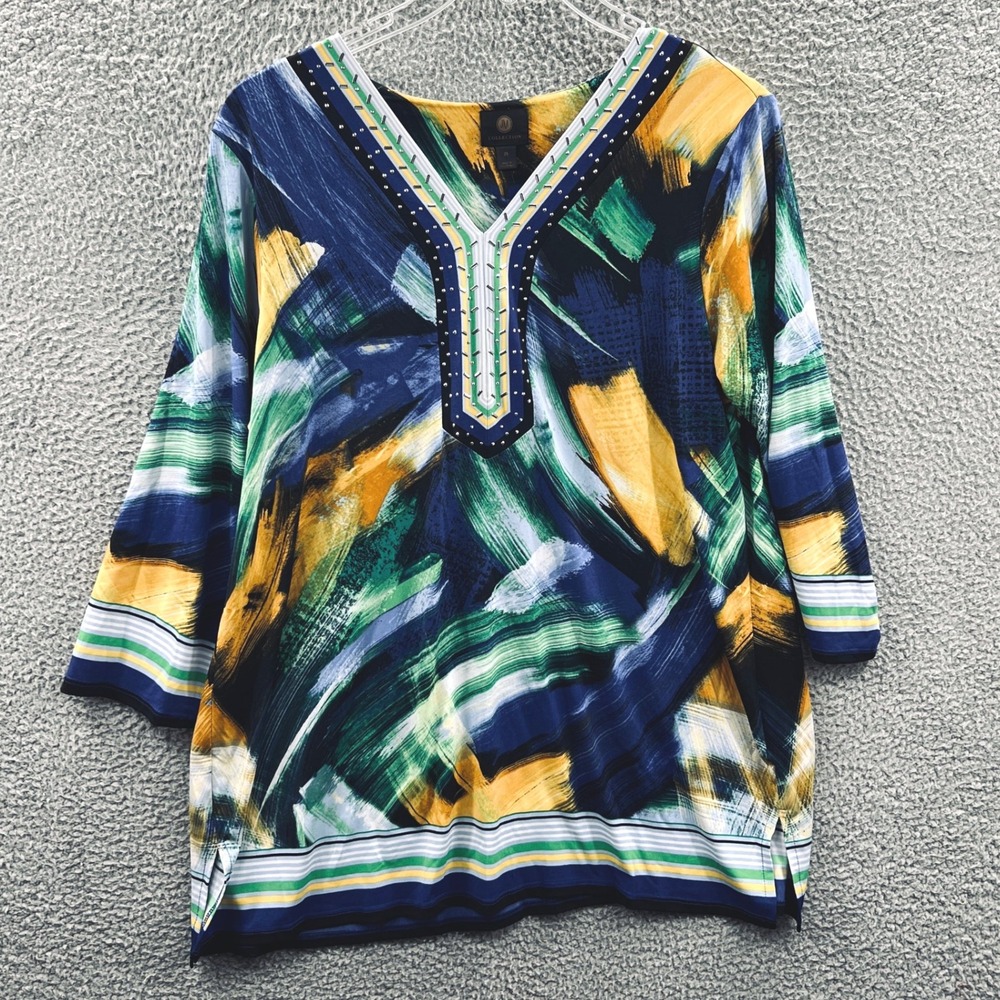 JM Collection Womens Boho Tunic Top 2X Navy Yellow Abstract‎ Embellished Artsy